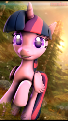 Size: 1080x1920 | Tagged: safe, artist:alcohors, twilight sparkle, alicorn, pony, g4, 3d, cute, female, forest, glowing eyes, looking at you, mare, smiling, solo, source filmmaker, tree, twiabetes, twilight sparkle (alicorn)