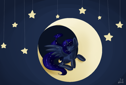 Size: 1000x681 | Tagged: safe, artist:krololo, princess luna, g4, eyes closed, female, moon, solo, stars, tangible heavenly object