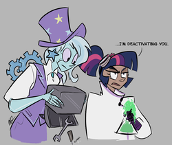 Size: 913x771 | Tagged: safe, artist:egophiliac, trixie, twilight sparkle, human, robot, steamquestria, g4, clothes, crossover, dialogue, female, flask, goggles, hat, human coloration, humanized, inconvenient trixie, lab coat, scientist, steampunk, top hat