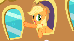 Size: 1280x720 | Tagged: safe, screencap, applejack, earth pony, pony, g4, season 2, the last roundup, animated, blinking, cute, excited, female, friendship express, jackabetes, smile and wave, smiling, train, waving