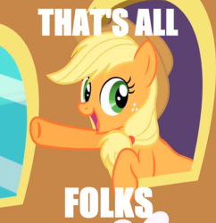 Size: 690x714 | Tagged: safe, screencap, applejack, earth pony, pony, g4, my little pony: friendship is magic, the last roundup, female, image macro, mare, meme, that's all folks, waving