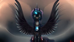 Size: 1191x670 | Tagged: safe, artist:alumx, nightmare moon, alicorn, pony, g4, armor, bust, female, front view, full face view, lidded eyes, looking at you, paint tool sai, photoshop, portrait, signature, solo, spread wings, waist up