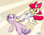 Size: 2750x2200 | Tagged: safe, artist:nekocrispy, apple bloom, diamond tiara, earth pony, pony, g4, abuse, clothes, gi, karate, kicking, martial arts, pants, robe, tiarabuse, white belt