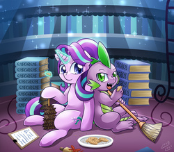 Size: 2000x1752 | Tagged: safe, artist:vavacung, spike, starlight glimmer, dragon, pony, unicorn, g4, book, broom, cookie, duster, female, food, looking at you, magic, male, mare, open mouth, smiling