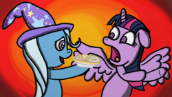 Size: 1920x1080 | Tagged: safe, artist:saburodaimando, trixie, twilight sparkle, alicorn, pony, unicorn, g4, food, quesadilla, they're just so cheesy, twilight sparkle (alicorn)