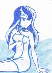 Size: 2472x3492 | Tagged: safe, artist:deeemperor, princess luna, human, equestria girls, g4, breasts, female, high res, naked towel, sitting, smirk, solo, towel, traditional art, wet