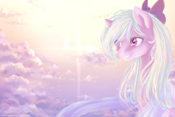 Size: 1500x1000 | Tagged: safe, artist:alicesmitt31, flitter, pony, g4, bow, cloud, cloudy, female, hair bow, mare, smiling, solo