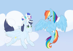 Size: 1024x717 | Tagged: safe, artist:muffin-draw, rainbow dash, soarin', oc, oc:dashing prism, pony, g4, backwards cutie mark, female, flying, male, offspring, old cutie mark, parent:rainbow dash, parent:soarin', parents:soarindash, ponies riding ponies, pony hat, riding, ship:soarindash, shipping, straight