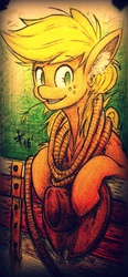 Size: 1487x3195 | Tagged: safe, artist:tamikimaru, applejack, g4, ear fluff, female, fence, grin, rope, solo, straw, traditional art