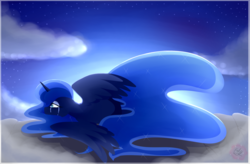 Size: 1024x671 | Tagged: safe, artist:missrenakitsune, princess luna, g4, cloud, crying, female, prone, sad, solo, stars, sunrise