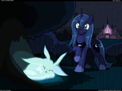Size: 1285x964 | Tagged: safe, artist:droll3, princess luna, alicorn, pony, g4, castle of the royal pony sisters, crossover, everfree forest, female, mare, ori, ori and the blind forest, rain, raised hoof, s1 luna, wet, wet mane