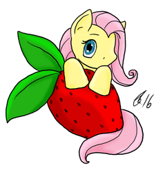 Size: 646x675 | Tagged: safe, artist:aemi, fluttershy, g4, female, food, simple background, solo, strawberry, tiny ponies, white background