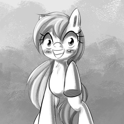 Size: 2000x2000 | Tagged: safe, artist:randy, oc, oc only, oc:aryanne, earth pony, pony, accidentally, black and white, chest fluff, creepy, female, fluffy, grayscale, high res, looking at you, mare, monochrome, overly attached girlfriend, raised leg, solo, standing, stomping