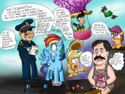 Size: 3307x2480 | Tagged: safe, artist:joshytoons, artist:scarlett-letter, applejack, rainbow dash, scootaloo, human, pony, g4, el chapo, high res, mexico, police, political cartoon, spanish