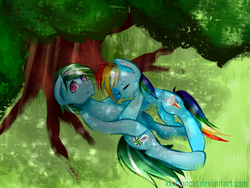 Size: 1600x1200 | Tagged: safe, artist:monochromacat, rainbow dash, oc, oc:minty frost, pony, g4, canon x oc, duo, female, male, shipping, straight, under the tree