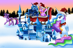 Size: 1664x1106 | Tagged: safe, artist:rose-beuty, princess cadance, princess celestia, princess luna, twilight sparkle, alicorn, pony, g4, abuse, alicorn tetrarchy, canterlot castle, female, folded wings, hat, mare, mean, sad, santa hat, sisters-in-law, sleigh, snow, twilight sparkle (alicorn), twilybuse, wings