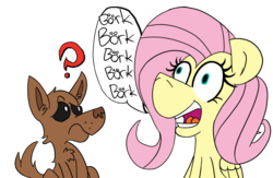 Size: 873x569 | Tagged: safe, artist:cowsrtasty, fluttershy, dog, pegasus, pony, g4, bork, confused, doggo, female, mare, open mouth, question mark, raised eyebrow, simple background, sitting, smiling, swedish chef, transparent background, wide eyes