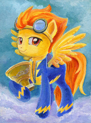 Size: 550x744 | Tagged: safe, artist:maytee, spitfire, g4, female, solo, spread wings, traditional art, trophy, wonderbolts uniform
