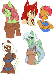 Size: 1232x1694 | Tagged: safe, artist:skecchiart, babs seed, tree hugger, oc, oc:emerald bulwark, oc:sundae, earth pony, pegasus, anthro, g4, belly button, breasts, bust, cleavage, female, glasses, midriff, one eye closed, simple background, sketch, white background