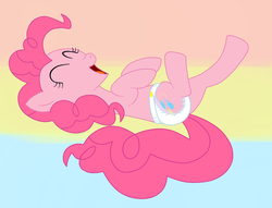 Size: 1022x781 | Tagged: safe, anonymous artist, pinkie pie, earth pony, pony, g4, ^^, diaper, eyes closed, female, laughing, mare, non-baby in diaper, on back, solo