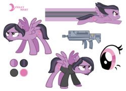 Size: 1516x1094 | Tagged: safe, artist:bluerosearrow, oc, oc only, oc:violet night, gun, reference sheet, solo, weapon