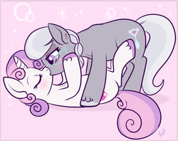 Size: 650x516 | Tagged: safe, artist:lulubell, silver spoon, sweetie belle, earth pony, pony, unicorn, g4, cute, diasweetes, duo, eyes closed, female, kiss on the lips, kissing, lesbian, older, older silver spoon, older sweetie belle, pink background, ship:silverbelle, shipping, silverbetes, simple background, unshorn fetlocks