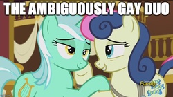 Size: 888x500 | Tagged: safe, edit, edited screencap, screencap, bon bon, lyra heartstrings, sweetie drops, earth pony, pony, unicorn, g4, slice of life (episode), ambiguously gay duo, best friends, caption, discovery family logo, duo, image macro, implied lesbian, meme, saturday night live, ship:lyrabon, shipping