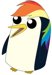 Size: 236x338 | Tagged: artist needed, safe, rainbow dash, bird, penguin, g4, adventure time, female, fusion, gunter (adventure time), male, open mouth, rainbow hair, simple background, solo, vector, white background