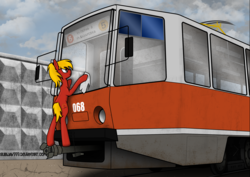 Size: 2760x1954 | Tagged: safe, artist:subway777, oc, oc only, oc:tatra, perm, russia, standing, tram, washing