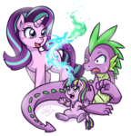 Size: 611x638 | Tagged: safe, artist:vavacung, spike, starlight glimmer, oc, oc:burning star, dracony, dragon, hybrid, pony, g4, bracelet, cute, dragon magic, dragon spirit, female, interspecies offspring, magic, male, mare, necklace, offspring, older, older spike, open mouth, parent:spike, parent:starlight glimmer, parents:sparlight, prone, ship:sparlight, shipping, simple background, sitting, smiling, straight, surprised, sweatdrop, trio, underhoof, vavacung is trying to murder us, white background, wide eyes