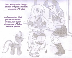 Size: 3129x2512 | Tagged: safe, artist:poseidonathenea, cheerilee, derpy hooves, earth pony, human, pegasus, pony, equestria girls, g4, comforting, high res, human and pony, human ponidox, monochrome, pencil drawing, ponidox world, test, traditional art