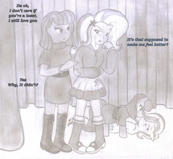 Size: 2610x2400 | Tagged: safe, artist:poseidonathenea, maud pie, trixie, human, equestria girls, g4, crying, female, high res, human ponidox, lesbian, monochrome, pencil drawing, ponidox world, ship:mauxie, shipping, stage, traditional art