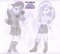 Size: 2786x2517 | Tagged: safe, artist:poseidonathenea, fleur-de-lis, rarity, equestria girls, g4, clothes, clothes swap, crystal prep academy uniform, french, high res, monochrome, pencil drawing, school uniform, traditional art, translated in the comments