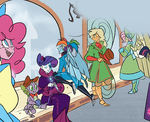 Size: 550x448 | Tagged: safe, artist:egophiliac, applejack, fluttershy, pinkie pie, rainbow dash, rarity, spike, twilight sparkle, human, robot, steamquestria, g4, airship, humanized, mane seven, mane six, wip