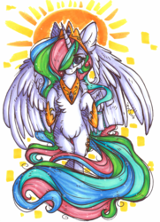 Size: 777x1074 | Tagged: safe, artist:tay-niko-yanuciq, princess celestia, pony, g4, female, fluffy, flying, mare, simple background, solo, sun, traditional art, transparent background