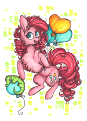 Size: 777x1078 | Tagged: dead source, safe, artist:tay-niko-yanuciq, gummy, pinkie pie, g4, balloon, female, fluffy, rearing, simple background, solo, then watch her balloons lift her up to the sky, traditional art, transparent background