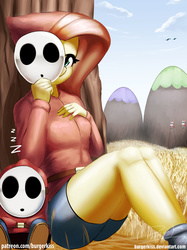 Size: 2000x2667 | Tagged: safe, artist:burgerkiss, fluttershy, shy guy, anthro, g4, clothes, crossover, fluttershy guy, high res, hoodie, looking at you, mask, nintendo, sleeping, super mario bros., tree