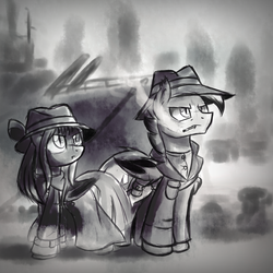 Size: 2000x2000 | Tagged: safe, artist:ruhisu, oc, oc only, bat pony, pony, bay, black and white, cigarette, city, clothes, coat, destroyer, detective, female, fog, grayscale, harbor, hat, high res, male, mare, mist, monochrome, noir, ship, sketch, smoking, stallion, wip