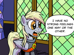 Size: 960x720 | Tagged: safe, artist:pony-berserker, derpy hooves, pegasus, pony, g4, clothes, dialogue, female, futurama, male, mare, neutral response, open mouth, reference, solo, speech bubble