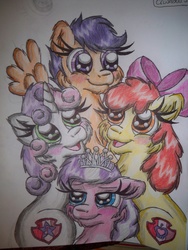 Size: 2736x3648 | Tagged: safe, artist:shelby100, apple bloom, diamond tiara, scootaloo, sweetie belle, g4, cutie mark, cutie mark crusaders, fluffy, high res, open mouth, the cmc's cutie marks, traditional art