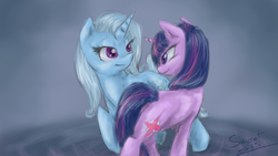 Size: 1920x1080 | Tagged: safe, artist:elisdoominika, trixie, twilight sparkle, pony, unicorn, g4, bedroom eyes, female, just kiss already, lesbian, looking at each other, looking at someone, mare, ship:twixie, shipping, ust