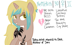 Size: 1024x628 | Tagged: safe, artist:neptuunes, oc, oc only, oc:nettlekisse, bio, solo, tattoo