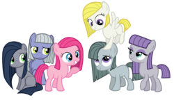Size: 2376x1368 | Tagged: safe, artist:thecheeseburger, limestone pie, marble pie, maud pie, pinkie pie, surprise, oc, oc:minkie pie, earth pony, pegasus, pony, g4, female, filly, foal, pie sisters, pinkamena diane pie, siblings, simple background, sisters, surprisamena, transparent background, vector