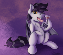 Size: 2209x1920 | Tagged: safe, artist:swiftsketchpone, oc, oc only, oc:thunder wave, vampony, alcohol, chest fluff, drool, fangs, looking at you, sitting, solo, tongue out, wine glass