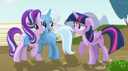 Size: 3538x1953 | Tagged: safe, artist:shutterflyeqd, starlight glimmer, trixie, twilight sparkle, alicorn, pony, g4, no second prances, bench, counterparts, female, lesbian, magical trio, mare, open mouth, raised hoof, scene interpretation, ship:startrix, shipping, that was fast, twilight sparkle (alicorn), twilight's counterparts