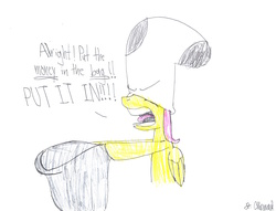 Size: 3282x2511 | Tagged: safe, artist:endlesswire94, fluttershy, g4, bag, doing time, high res, parody, sock, spongebob squarepants, traditional art, yelling