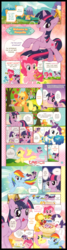 Size: 900x3340 | Tagged: safe, artist:akira himekawa, applejack, fluttershy, pinkie pie, rainbow dash, rarity, twilight sparkle, bird, g4, official, apple, cake, chocolate, clothes, comic, cute, dress, food, mane six, manga, ponyville, sparkles, translation