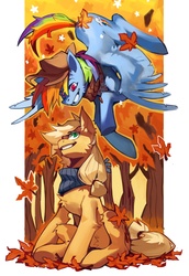 Size: 2031x2952 | Tagged: safe, artist:knifedragon, part of a set, applejack, rainbow dash, earth pony, pegasus, pony, g4, accessory swap, autumn, clothes, duo, duo female, female, fluffy, flying, high res, leaves, mare, scarf, seasons