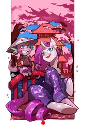 Size: 2031x2952 | Tagged: safe, artist:knifedragon, part of a set, rarity, spike, g4, asian conical hat, cherry blossoms, clothes, female, grin, hat, high res, kimono (clothing), male, seasons, ship:sparity, shipping, spring, straight, underhoof