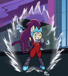 Size: 1036x1148 | Tagged: safe, artist:feralroku, high heel, pony, saiyan, g4, aura, bipedal, crossover, dragon ball, dragon ball z, long mane, maretropolis, solo